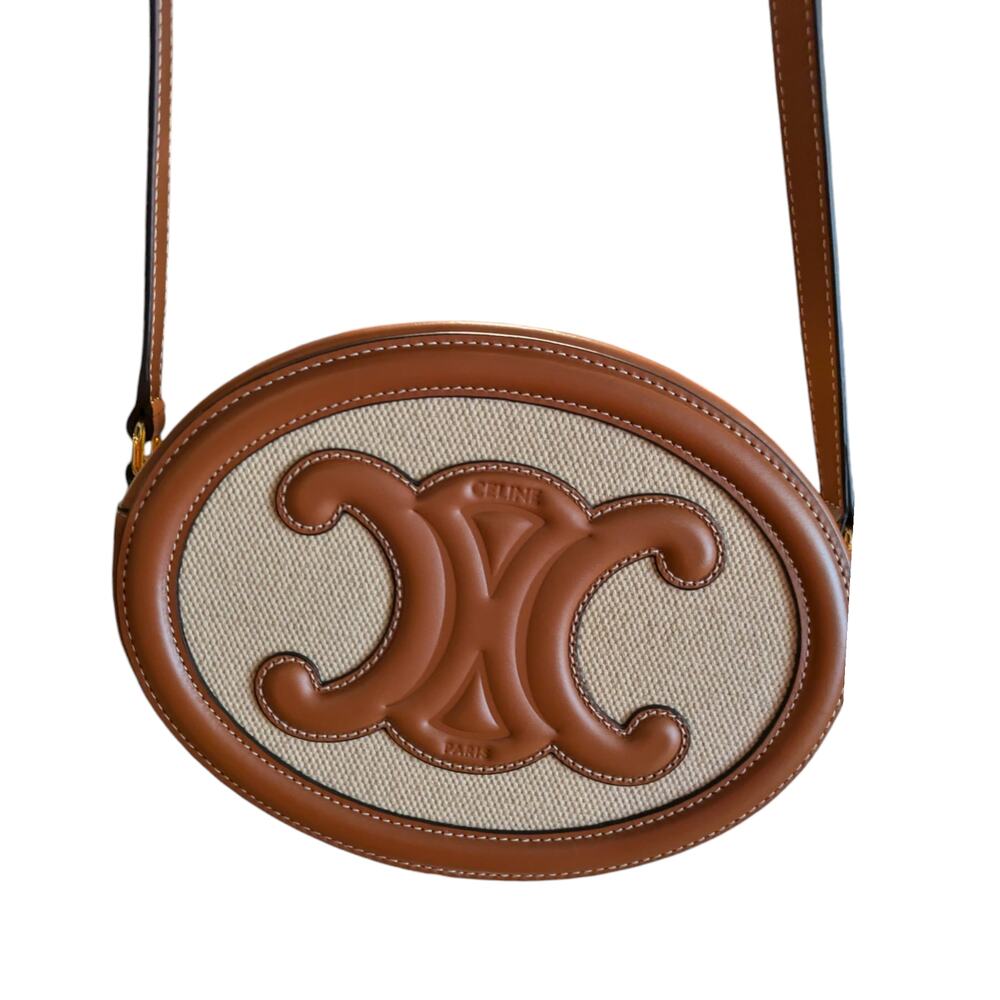 Cèline Canvas Calfskin Cuir Small Triomphe Oval Crossbody Purse